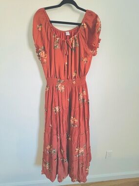 Boho Floral Rust Maxi Dress with Smocked Waist